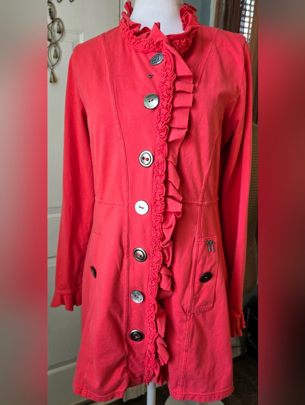 neon buddha Downtown Car Jacket Womens XS Coral Ruffle-Trim Steampunk Sweater Ja